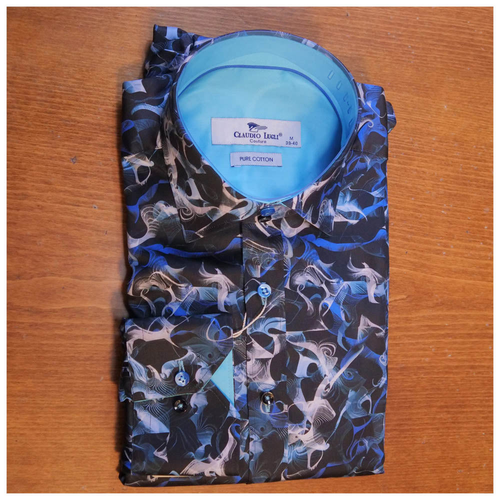 Claudio Lugli Abstract Swirl Long Sleeve Shirt Blue CP6856